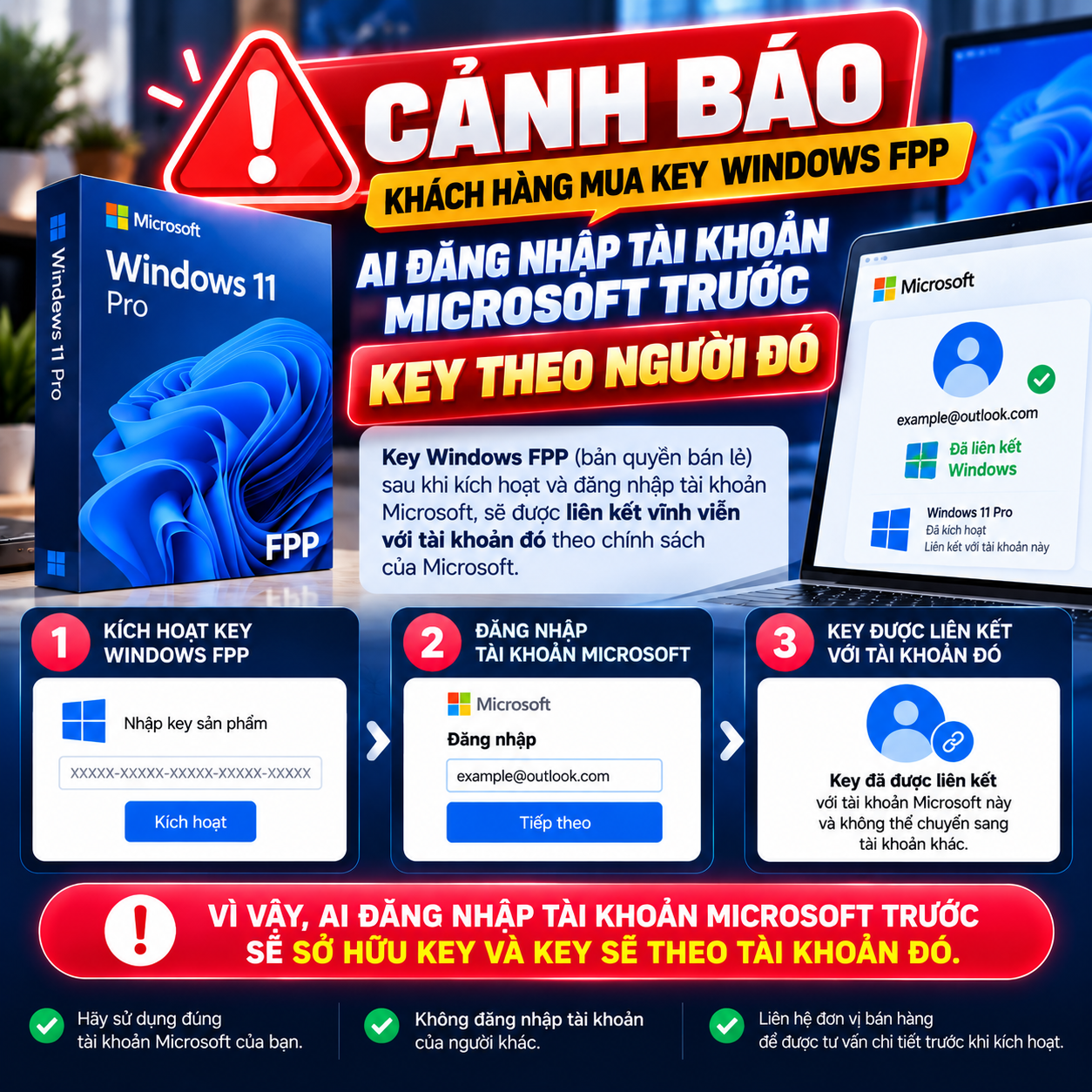 Cảnh báo khách hàng mua key Windows FPP: ai đăng nhập tài khoản Microsoft trước, key theo người đó